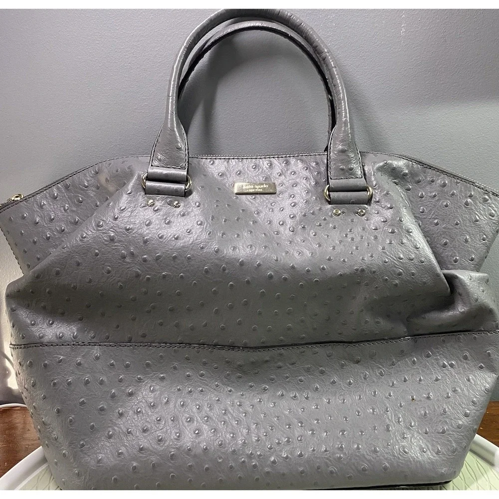Kate Spade Blaine Windsor Large Gray Ostrich Embossed Leather Satchel Bag
